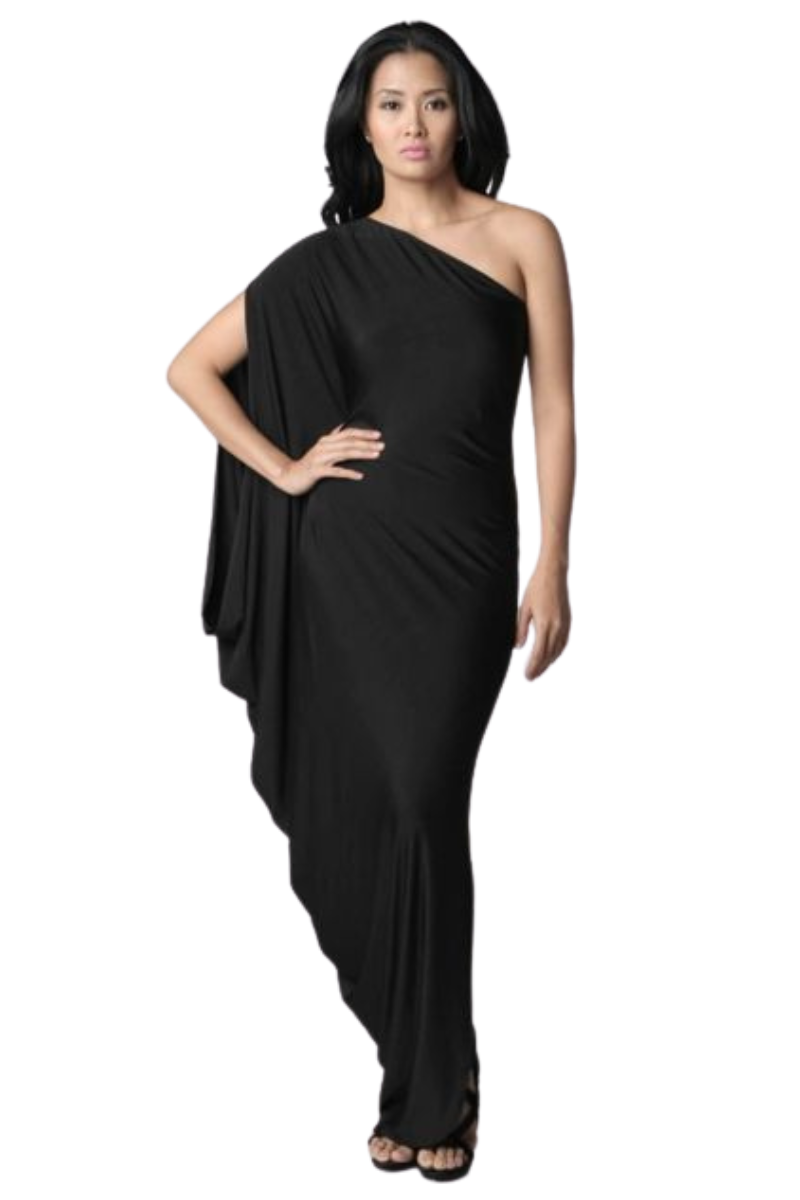 A woman modeling a black, asymmetrical neckline, sleeveless dress.
