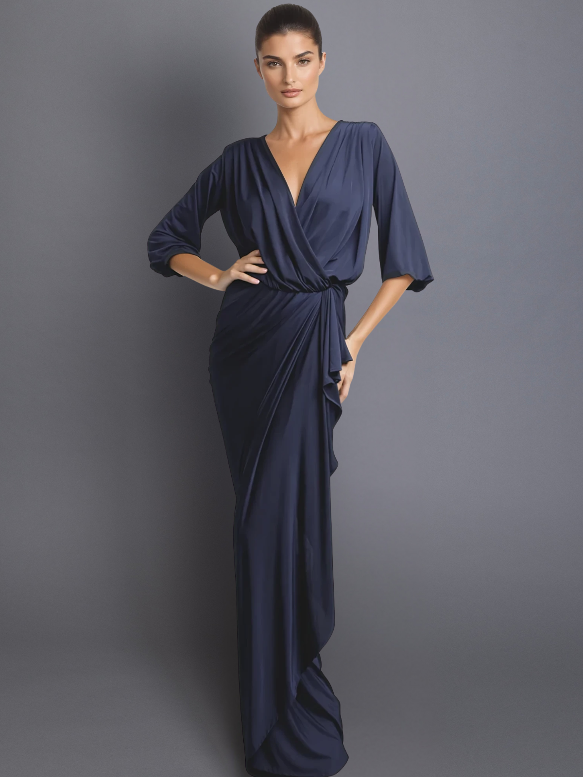 navy blue formal wrap dress Karen Kane Navy Cascade Wrap Dress